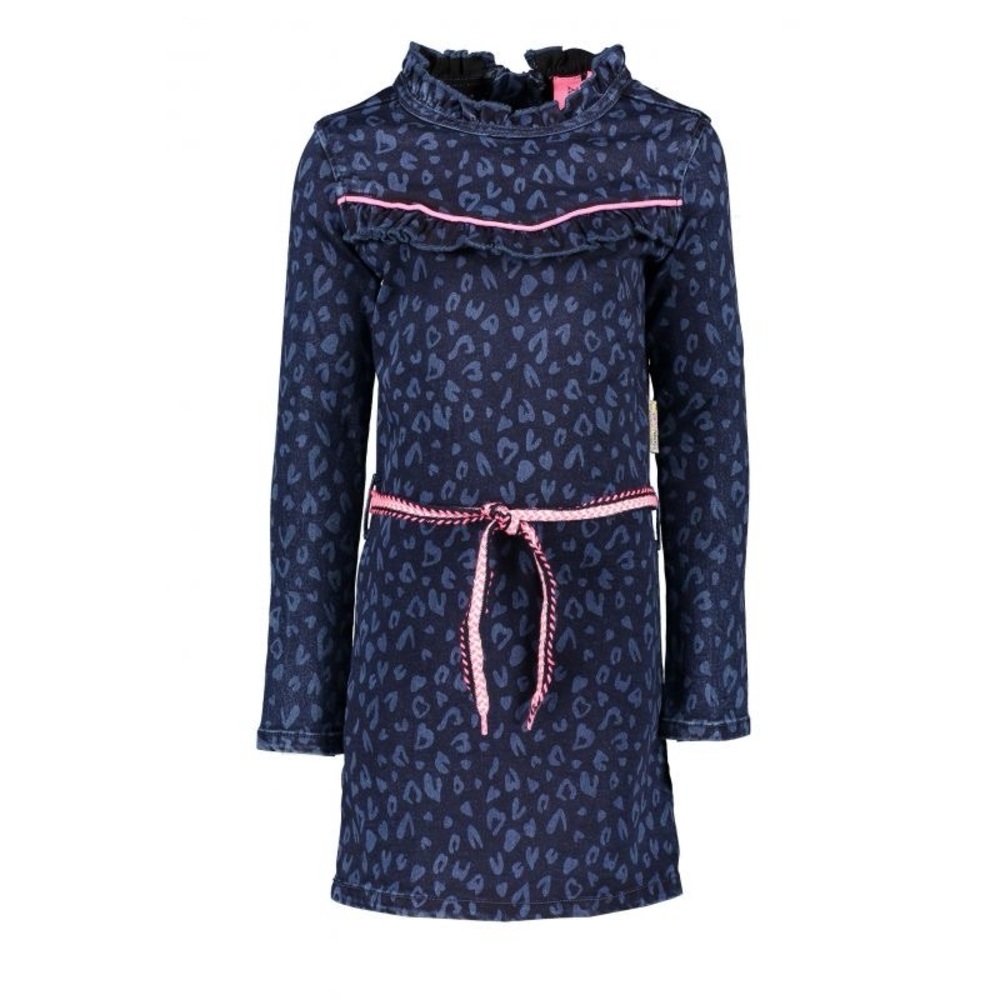 Navy Leopard Print Denim Dress with Pink Accents